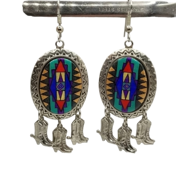 Silvertone Aztec Western Colorful Mosaic Dangle Earrings Cowboy Boots Large - Picture 1 of 9